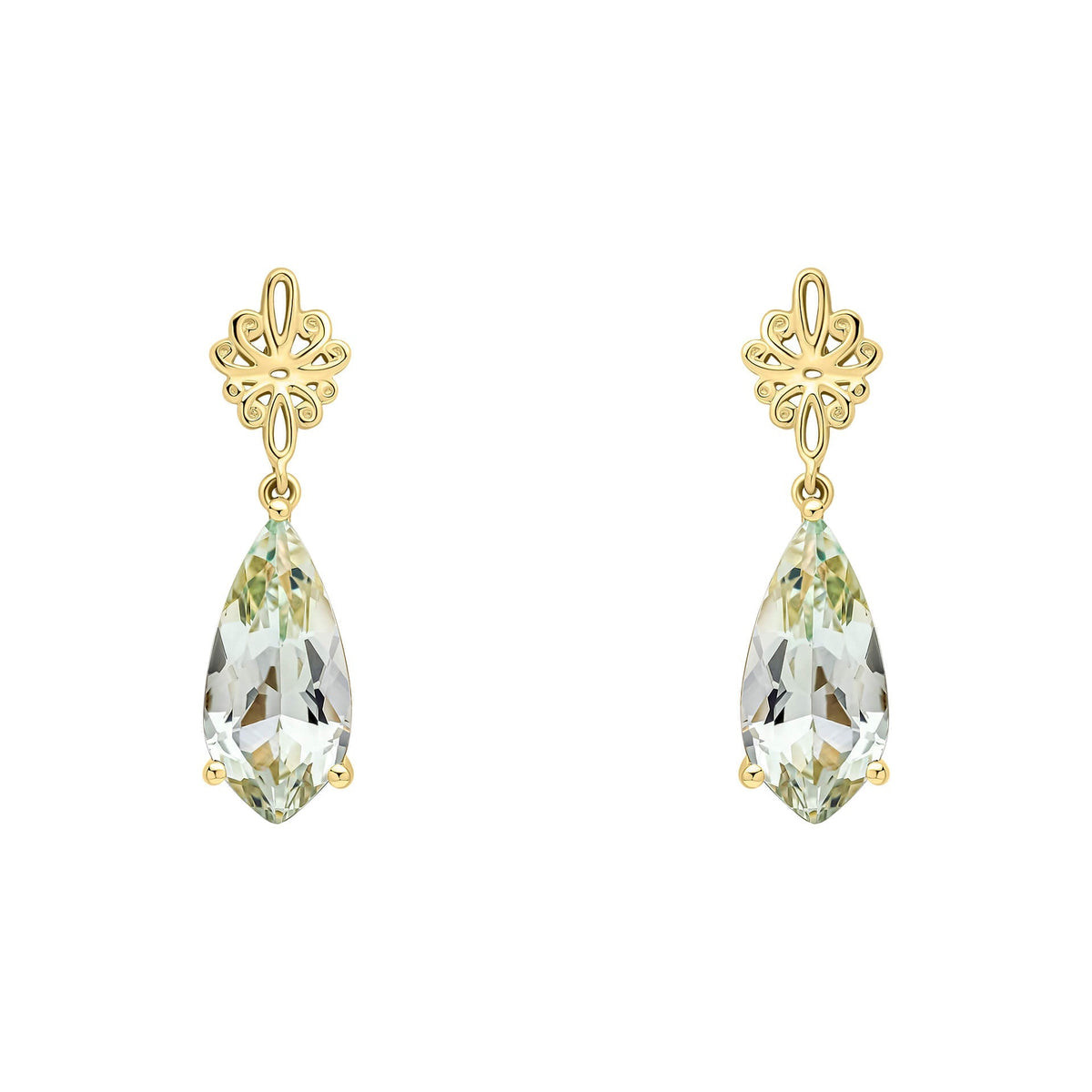 Elements Gold Fancy Cut Green Quartz Drop Earrings with Swirl Detail