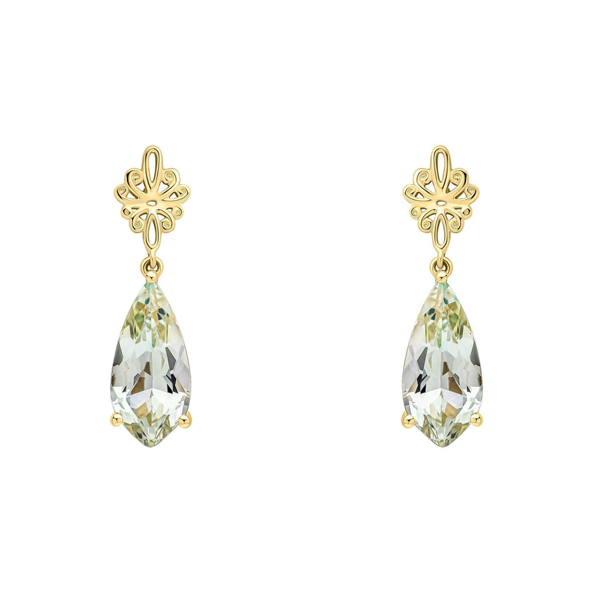 Elements Gold Fancy Cut Green Quartz Drop Earrings with Swirl Detail