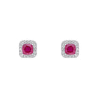Elements Gold Cushion Cut Ruby with Diamond Halo Stud Earrings