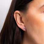 Elements Gold Cushion Cut Ruby with Diamond Halo Stud Earrings