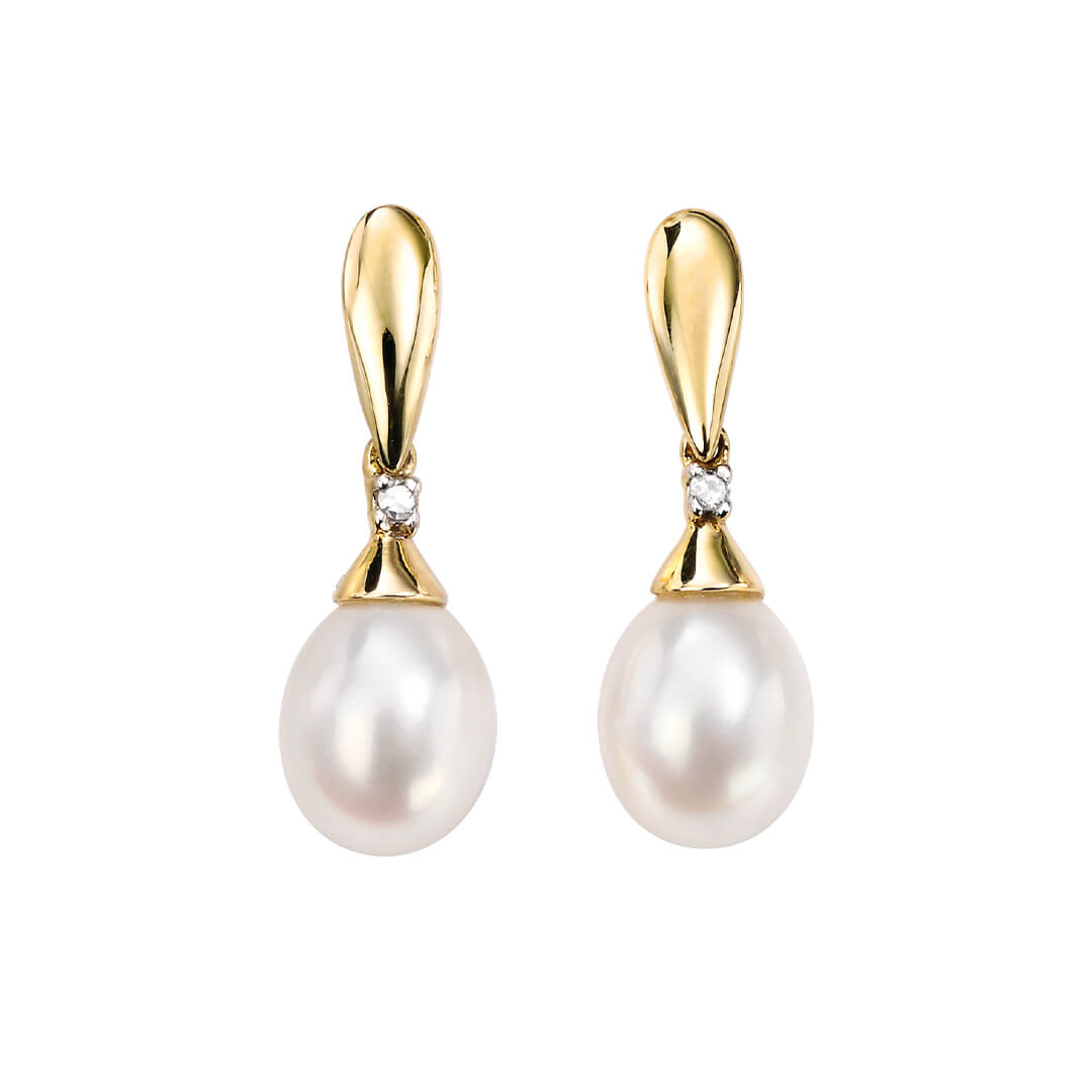 Elements Gold Freshwater Pearl and Diamond Drop Earrings