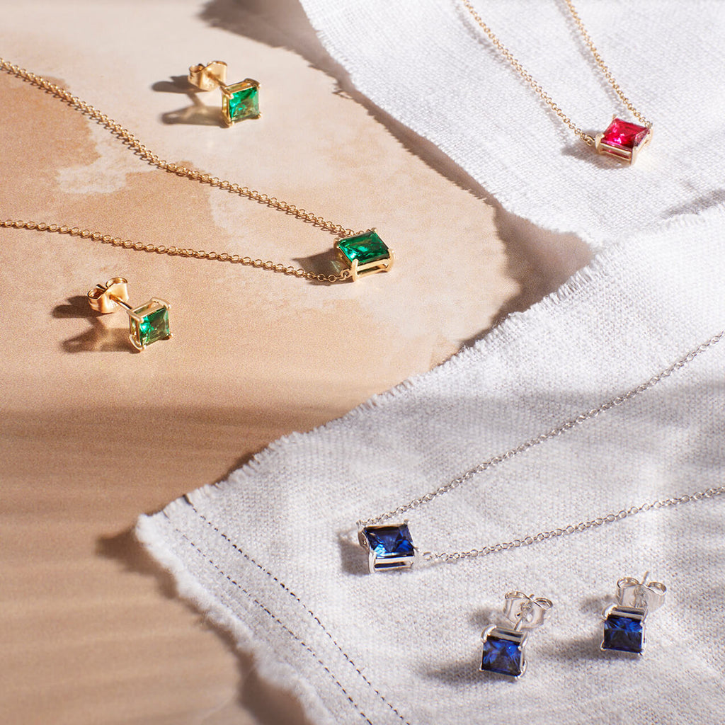 Elements Gold Princess Cut Necklace with Lab Created Precious Stones