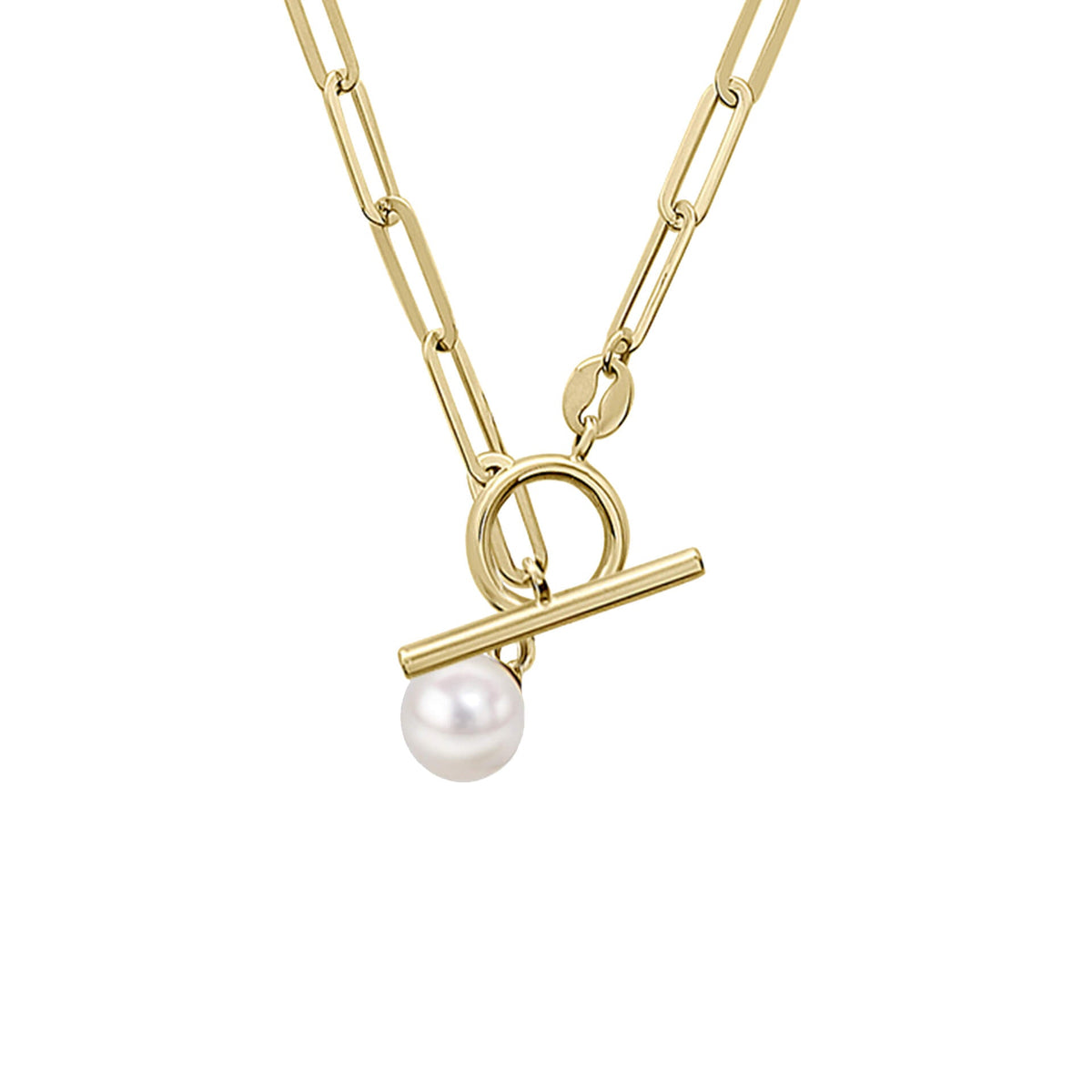 Elements Gold T-Bar Chain Necklace with Freshwater Pearl Charm