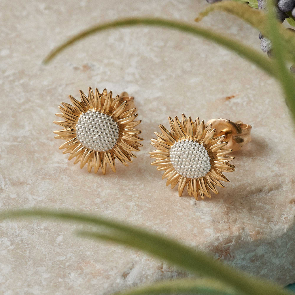 Boucles d'oreilles clous tournesol en vermeil argent et or