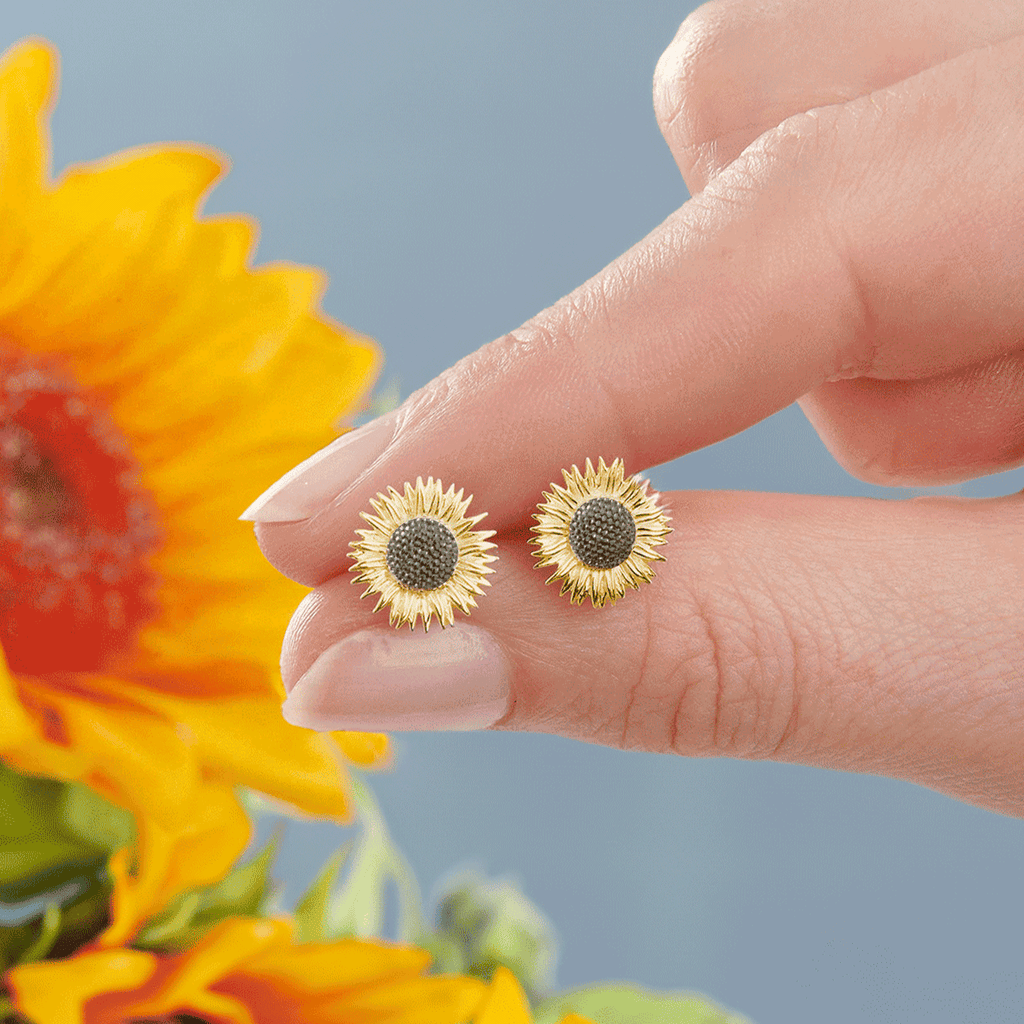 Boucles d'oreilles clous tournesol en vermeil argent et or