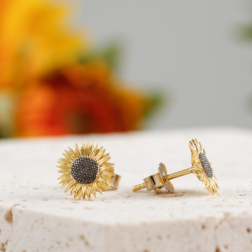Boucles d'oreilles clous tournesol en vermeil argent et or