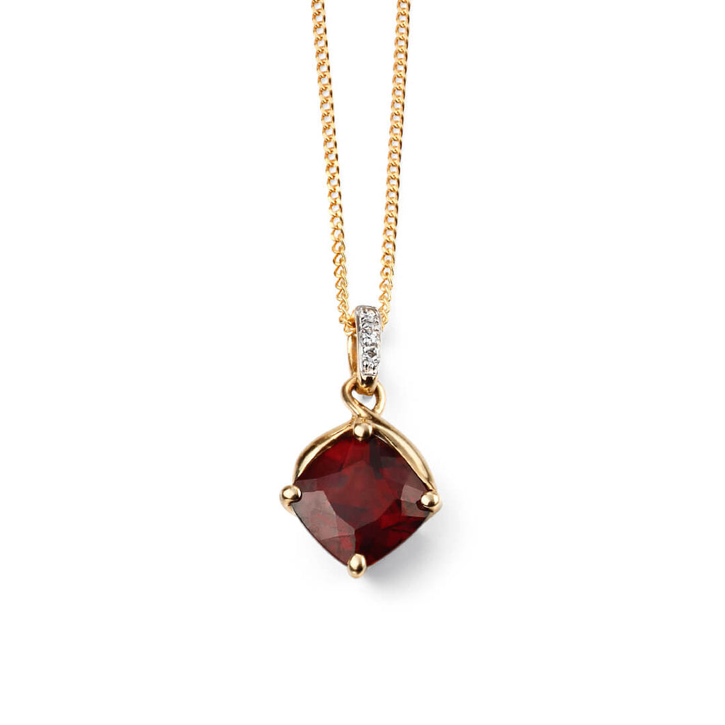 Elements Gold Square Garnet Drop Pendant with Diamond Set Bale