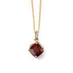 Elements Gold Square Garnet Drop Pendant with Diamond Set Bale