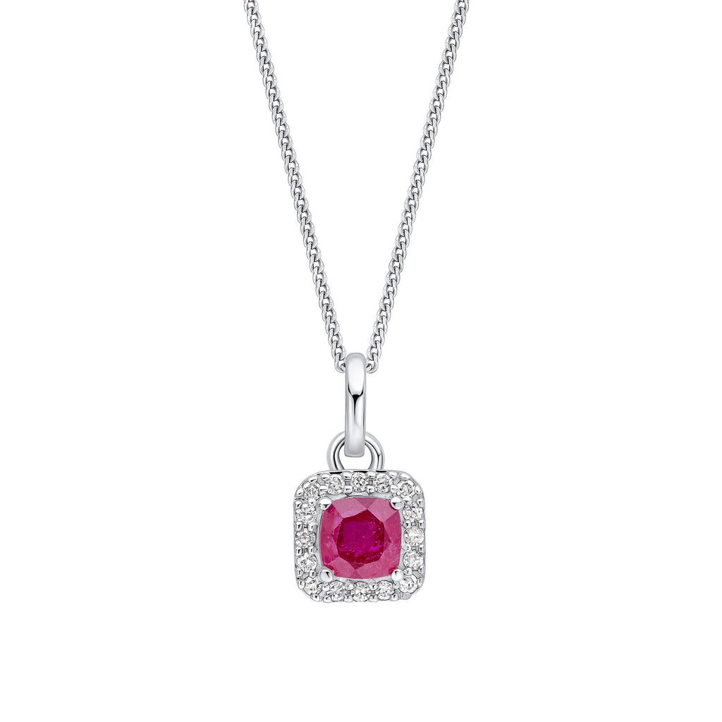 Elements Gold Cushion Cut Ruby with Diamond Halo Pendant