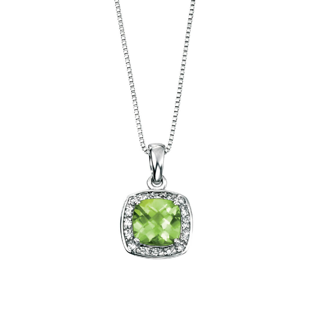 Elements Gold Cushion Cut Peridot Pendant with Diamond Surround
