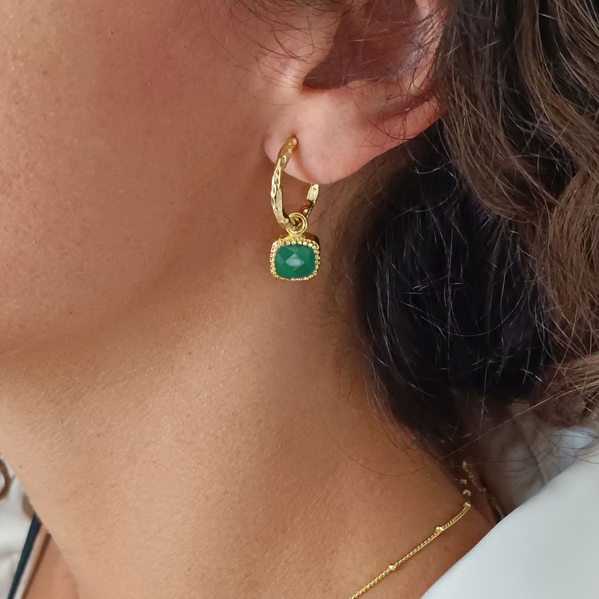 Tetra Square Gemtone Charm Hoops: Green Onyx