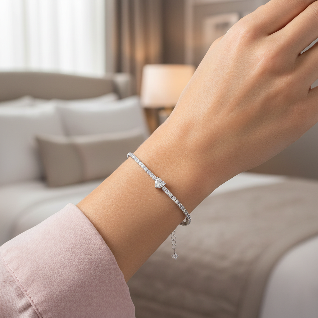 Sterling Silver tennis chain heart bracelet