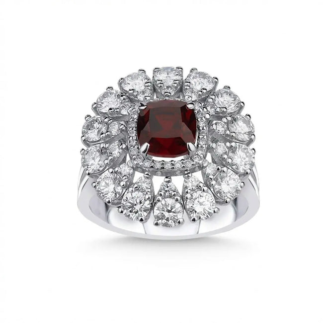 Anillo de oro blanco de 14 ct/14 K con rubí y diamante natural – Halo floral de rubíes y diamantes