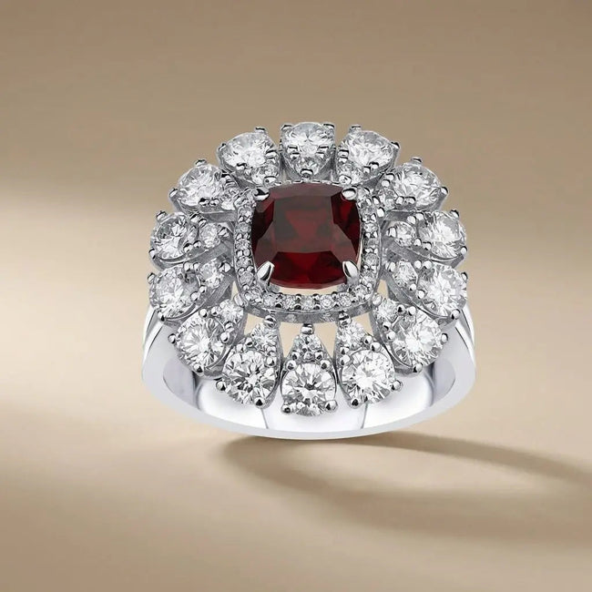 Anillo de oro blanco de 14 ct/14 K con rubí y diamante natural – Halo floral de rubíes y diamantes
