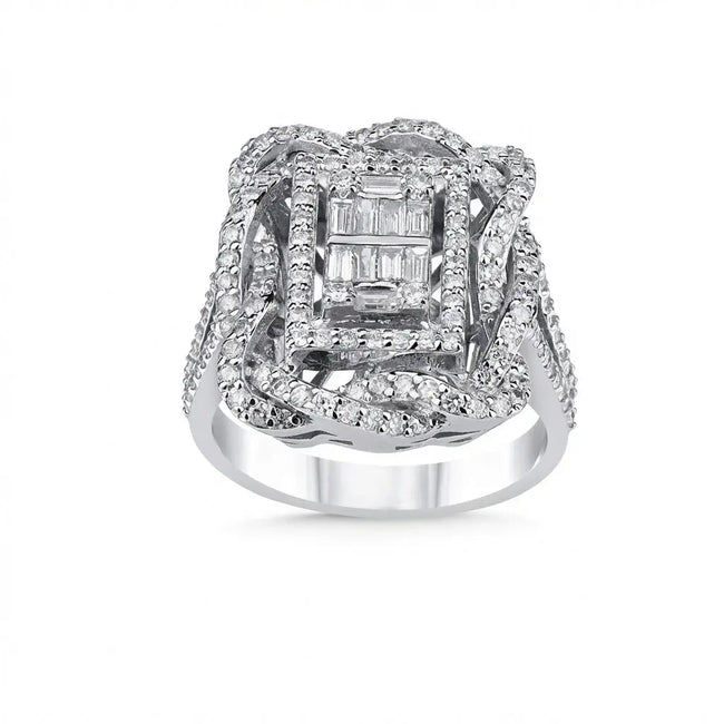 Anillo de oro blanco de 14kt/14K con diamantes naturales – Lujoso engaste de diamantes baguette y pavé