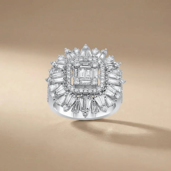 Anillo de oro blanco de 14 ct/14 K con diamantes naturales – Baguette, diamante, radiante, ostentoso
