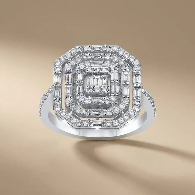 Anillo de Compromiso de Oro Blanco de 14 ct/14 K con Diamante Natural – Diamante Halo Baguette Geométrico de 0.85 ct