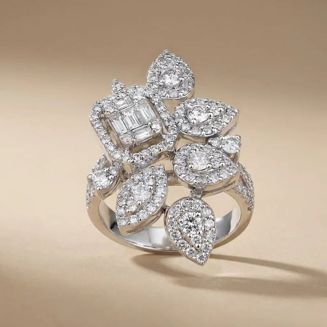 14ct/14K White Gold Natural Diamond Ring – Floral Diamond Cluster Statement 1.76ct