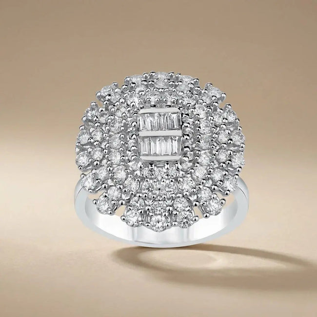 Anillo de oro blanco de 14 ct/14 K con diamante natural – Ramillete floral vintage de diamantes de 1,43 ct