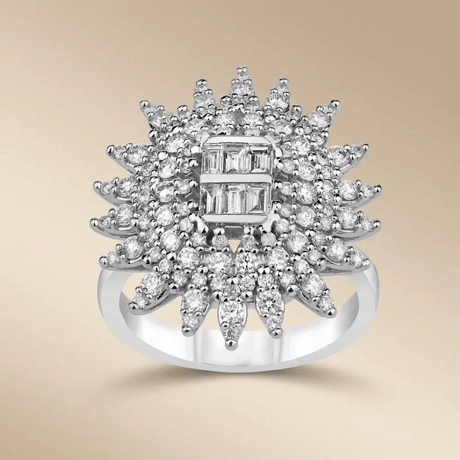 Anillo de oro blanco de 14 quilates con diamantes naturales – Declaración de diamantes Radiant Sunburst 1,3 ct