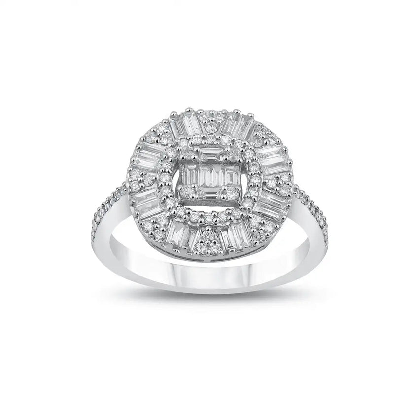 14ct/14K White Gold Natural Diamond Ring – Baguette Halo Diamond Cluster 0.83ct