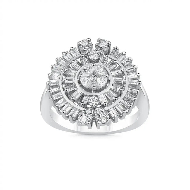 Anillo de oro blanco de 14 ct/14 K con diamante natural – Floral, Baguette, Halo de diamante 1,2 ct