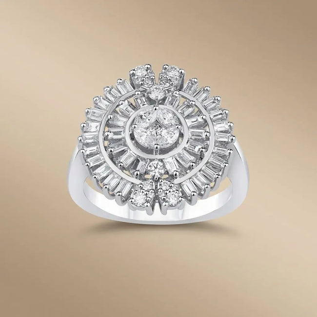 Anillo de oro blanco de 14 ct/14 K con diamante natural – Floral, Baguette, Halo de diamante 1,2 ct