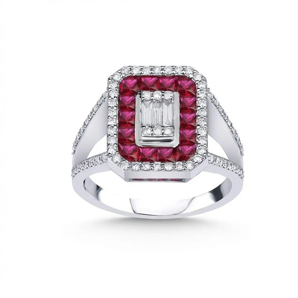 Anillo de oro blanco de 14 ct/14 K con rubí natural y diamante – Rubí en halo, diamante con baguette central, 1,47 ct