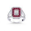 Anillo de oro blanco de 14 ct/14 K con rubí natural y diamante – Rubí en halo, diamante con baguette central, 1,47 ct