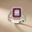Anillo de oro blanco de 14 ct/14 K con rubí natural y diamante – Rubí en halo, diamante con baguette central, 1,47 ct
