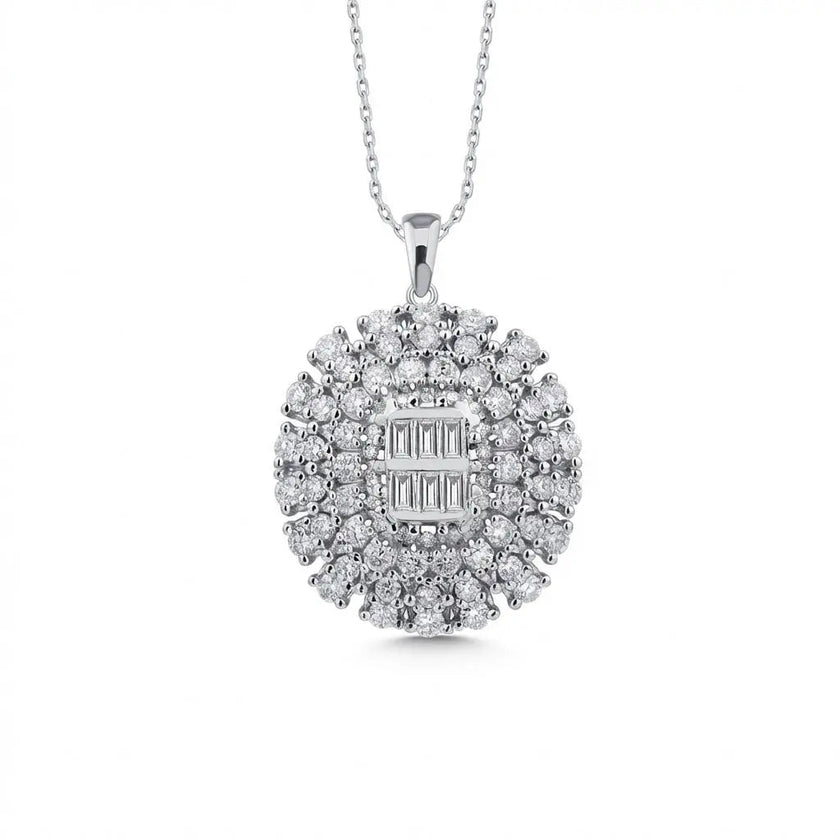 Pendentif en or blanc 14 carats/14K avec diamants naturels – Groupe de baguettes ovales 1,39 ct