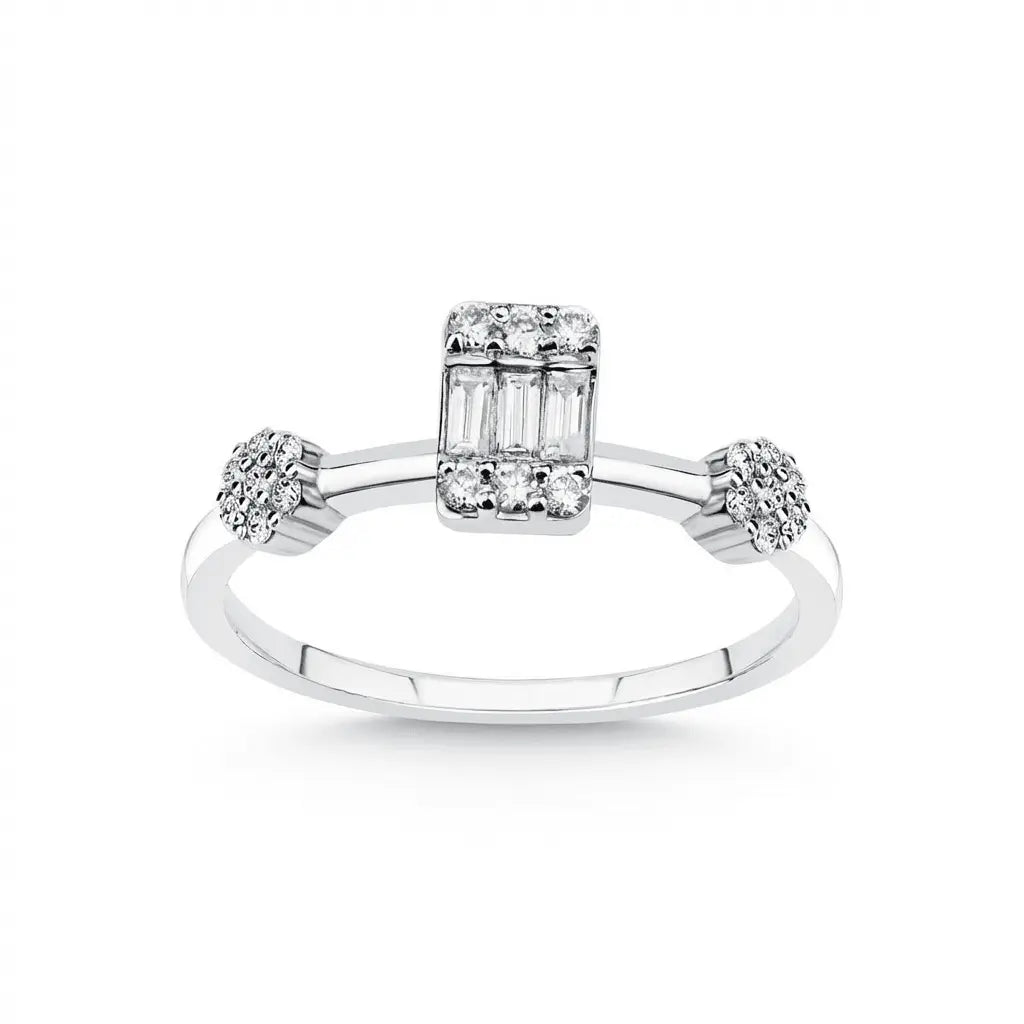 Bague de fiançailles en or blanc 14 carats/14K avec diamant naturel – Diamant central baguette avec accents grappe