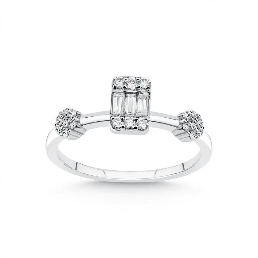 Bague de fiançailles en or blanc 14 carats/14K avec diamant naturel – Diamant central baguette avec accents grappe