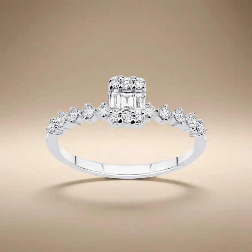 14ct/14K White Gold Natural Diamond Ring – Baguette Diamond Cluster with Accented 0.34ct