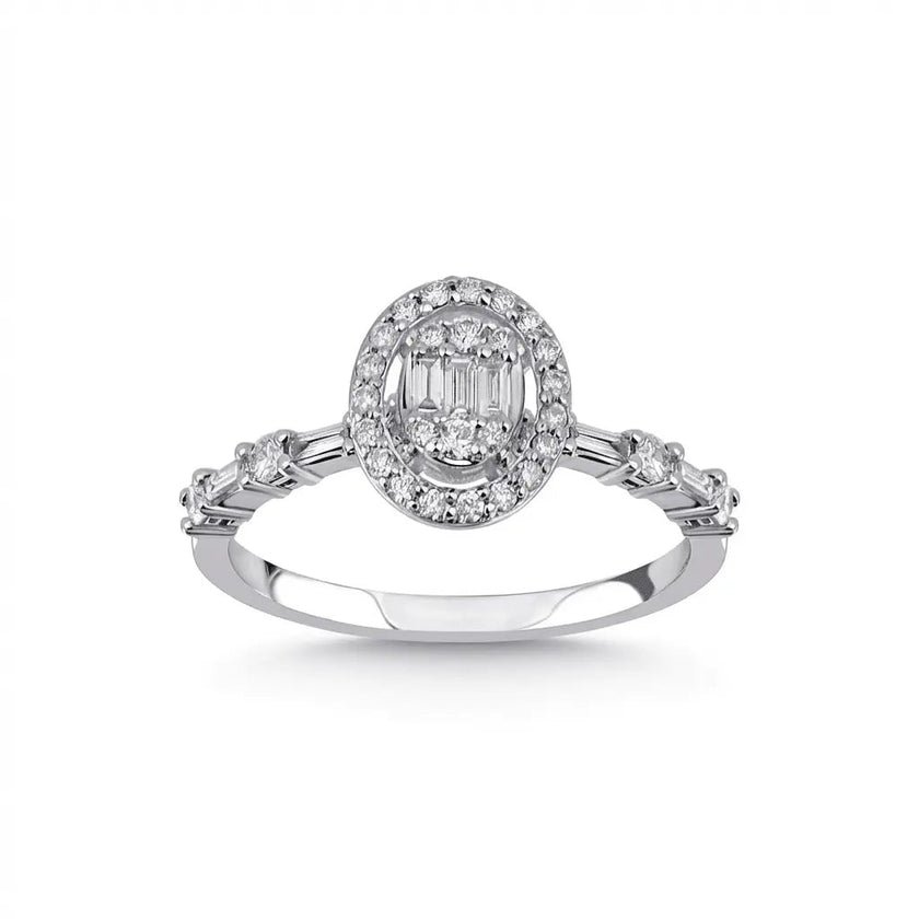 14ct/14K White Gold Natural Diamond Engagement Ring – Oval Halo Baguette Diamond 0.44ct