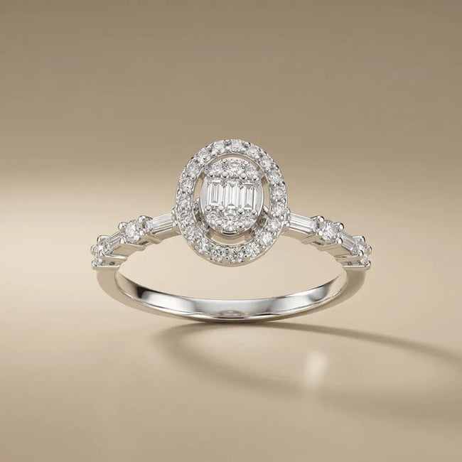Anillo de compromiso de oro blanco de 14 ct/14 K con diamante natural – Diamante de 0,44 ct tipo baguette ovalado con halo