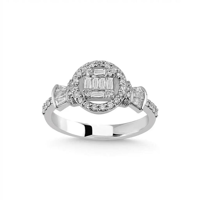 Anillo de oro blanco de 14 ct/14 K con diamante natural – Cluster de diamantes baguette con halo 0,52 ct
