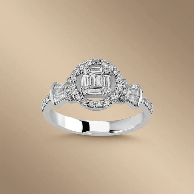 Anillo de oro blanco de 14 ct/14 K con diamante natural – Cluster de diamantes baguette con halo 0,52 ct