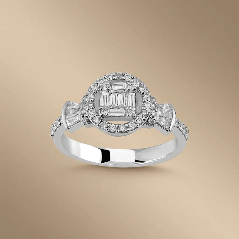 14ct/14K White Gold Natural Diamond Ring – Halo Baguette Diamond Cluster 0.52ct