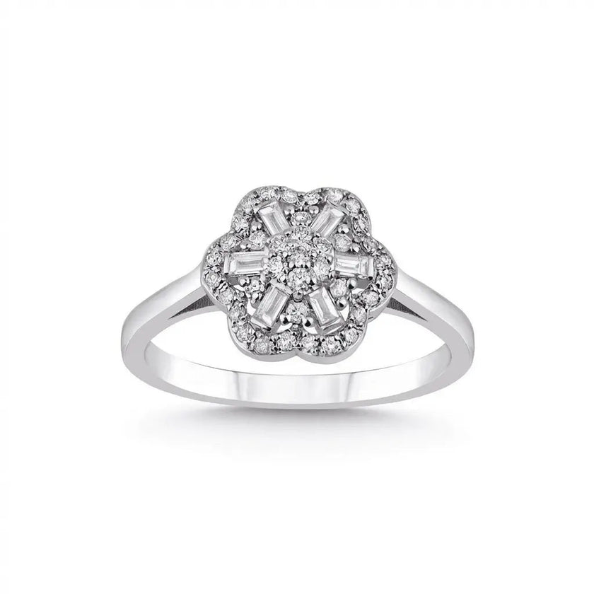 14ct/14K White Gold Natural Diamond Ring – Vintage Flower Diamond Cluster 0.3ct