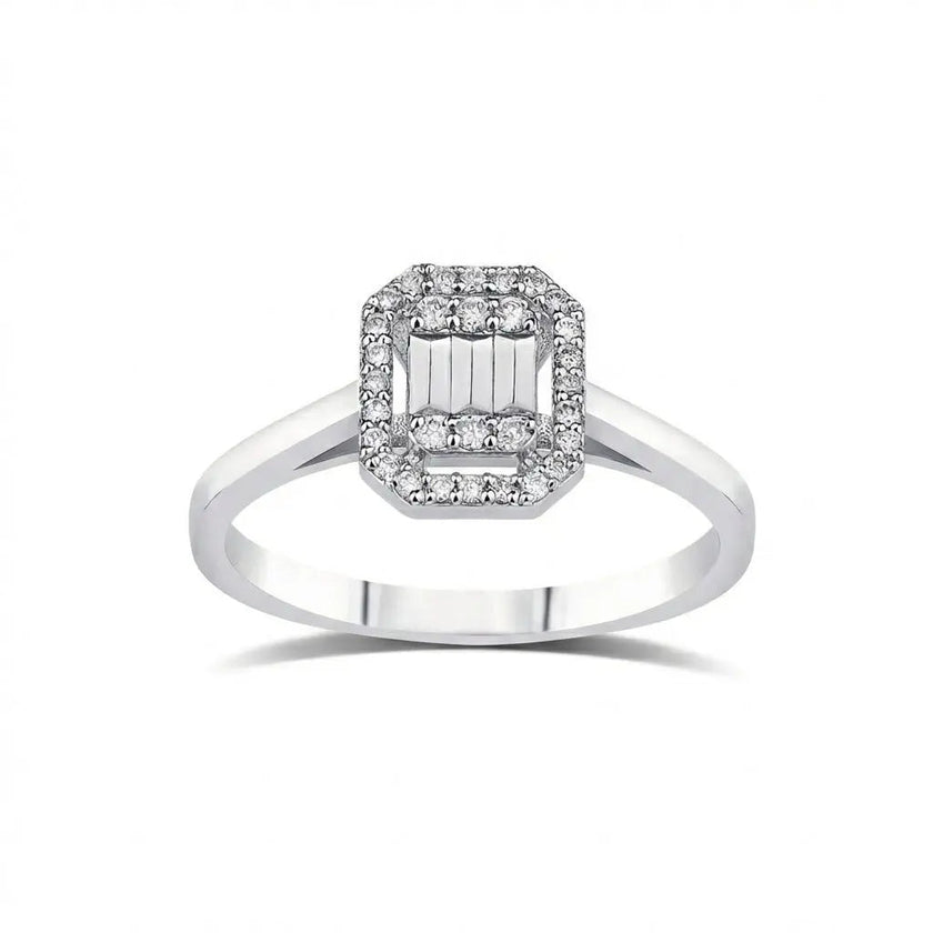 Anillo de oro blanco de 14 quilates con diamante natural – Cluster de diamantes con halo octagonal 0,14 ct