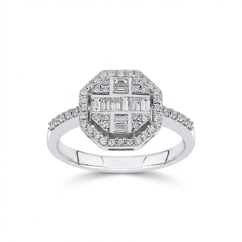 14ct/14K White Gold Natural Diamond Ring – Geometric Baguette Round Diamond Halo 0.5ct