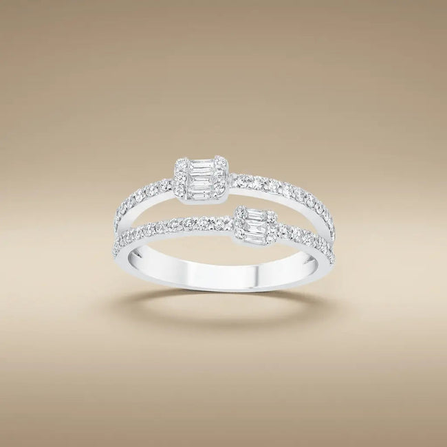 Anillo de oro blanco de 14 ct/14 K con diamante natural – Doble diamante abierto con grupos de baguette 0,5 ct