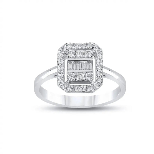 Anillo de Oro Blanco de 14 ct/14 K con Diamantes Naturales – Diamante Baguette con Halo 0.57 ct