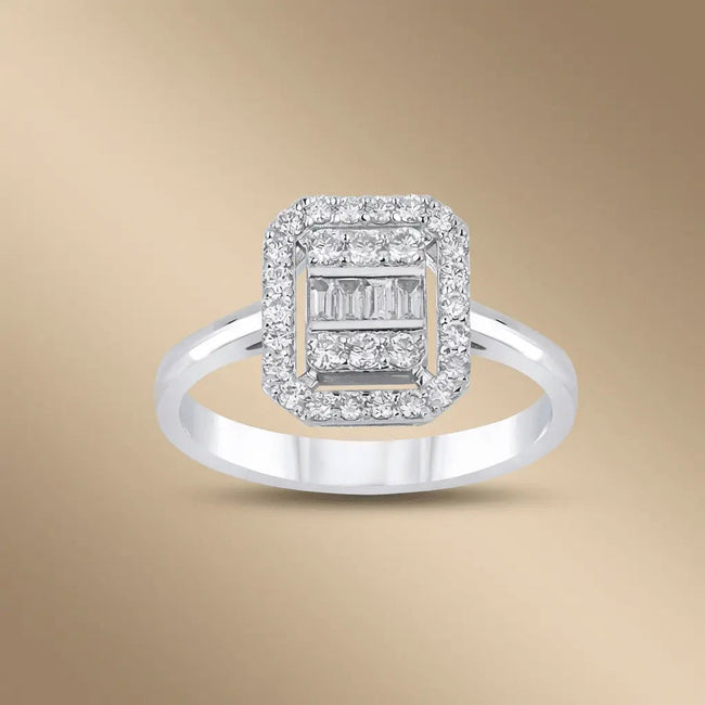 Anillo de Oro Blanco de 14 ct/14 K con Diamantes Naturales – Diamante Baguette con Halo 0.57 ct