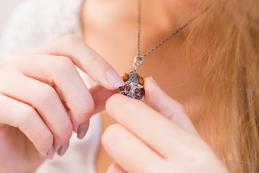 Fabergé Inspired Amber Egg Locket Necklace