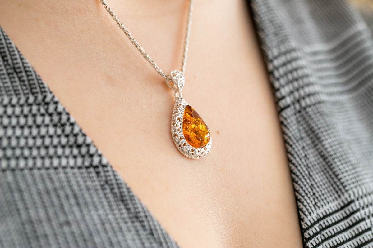 Filigree Frame Amber Teardrop Pendant
