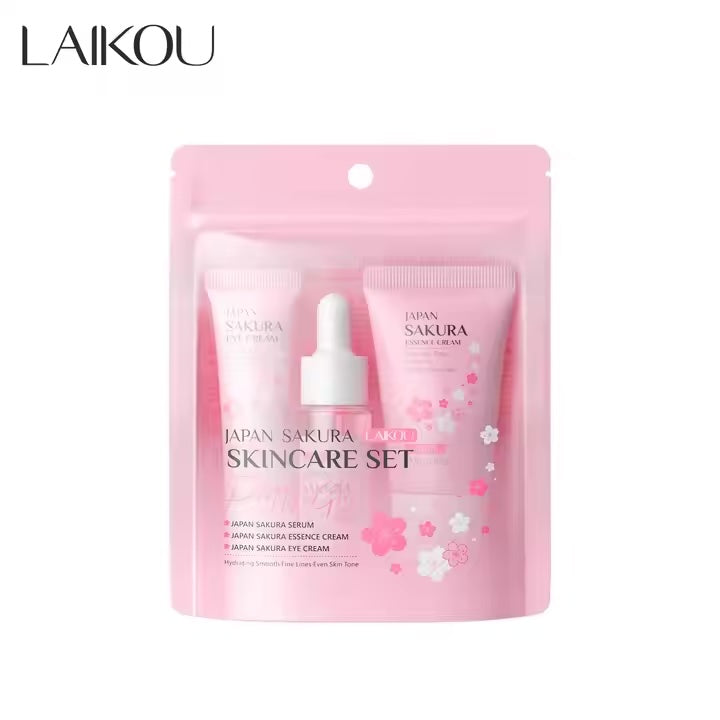 LAIKOU Sakura Facial Set Skin Care Moisturizing Reduce Fine Lines Brighten Eye Cream Serum Face Cream Skin Tone Face Care 3Pcs