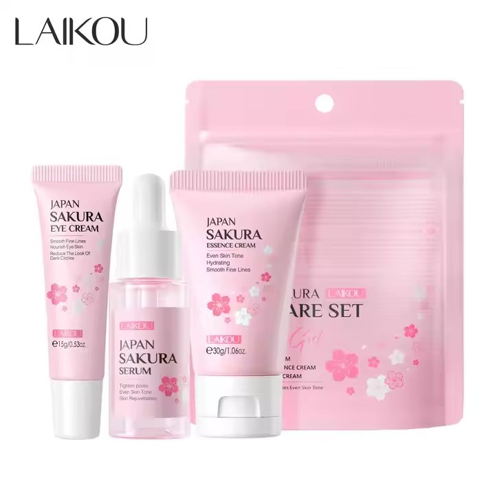 LAIKOU Sakura Facial Set Skin Care Moisturizing Reduce Fine Lines Brighten Eye Cream Serum Face Cream Skin Tone Face Care 3Pcs