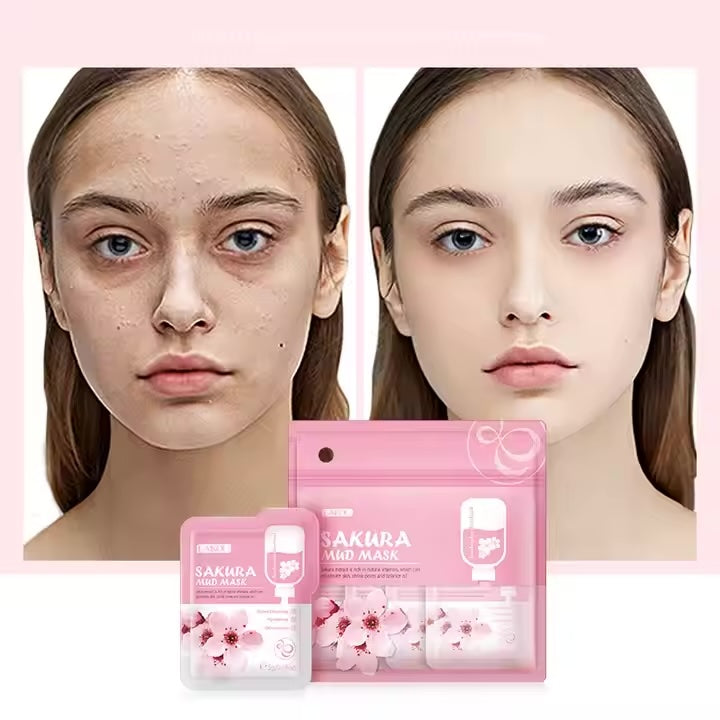 LAIKOU 5*12pcs Sakura Mud Cream Mudmask Skincare Dark Spot Corrector Brighten Clay Facialmask Cleansing Skin Care Product 60g